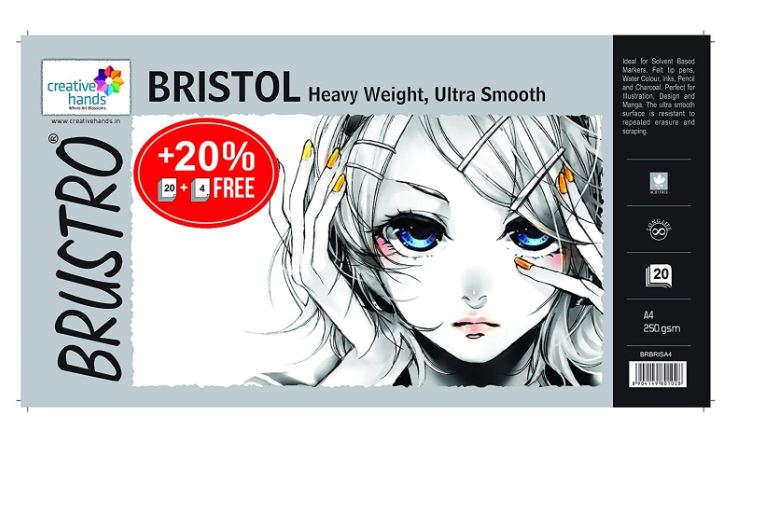 A4 Brustro Ultra Smooth Bristol Sheets 250 GSM Pack Of 20 + 4 Free Sheets