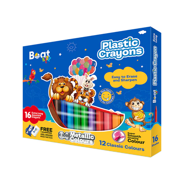 Boat  Extra Long Plastic Crayons Set - 16 Assorted Colors