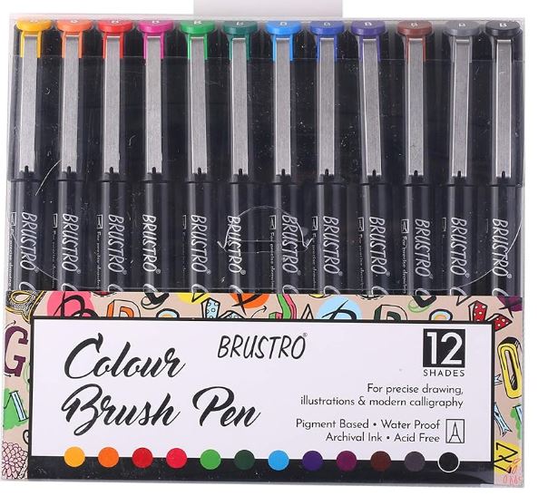 BRUSTRO Colour Brush Pens Set of 12 (Pigment based, Hard tip brush pen) Flexible tip for lettering and drawing techniques